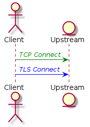 actor Client
entity Upstream

Client -[#green]> Upstream : <font color="green">//TCP Connect//</font>
Client -[#blue]> Upstream : <font color="blue">//TLS Connect//</font>