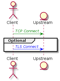 actor Client
entity Upstream

Client -[#green]> Upstream : <font color="green">//TCP Connect//</font>
group Optional
   Client -[#blue]> Upstream : <font color="blue">//TLS Connect//</font>
end